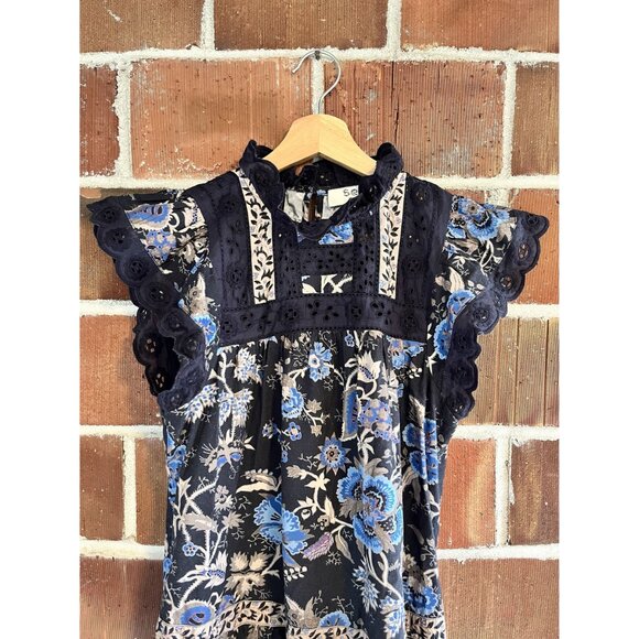 Sea New York Tess Floral Print Mini Dress A Line With Eyelet Lace and Pockets Si - Picture 3 of 12